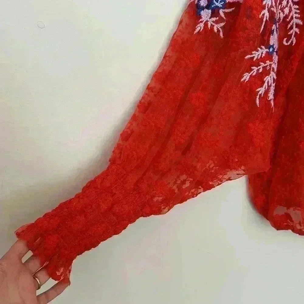 Free People Jubilee Red Embroidered Top - Picture 3 of 7